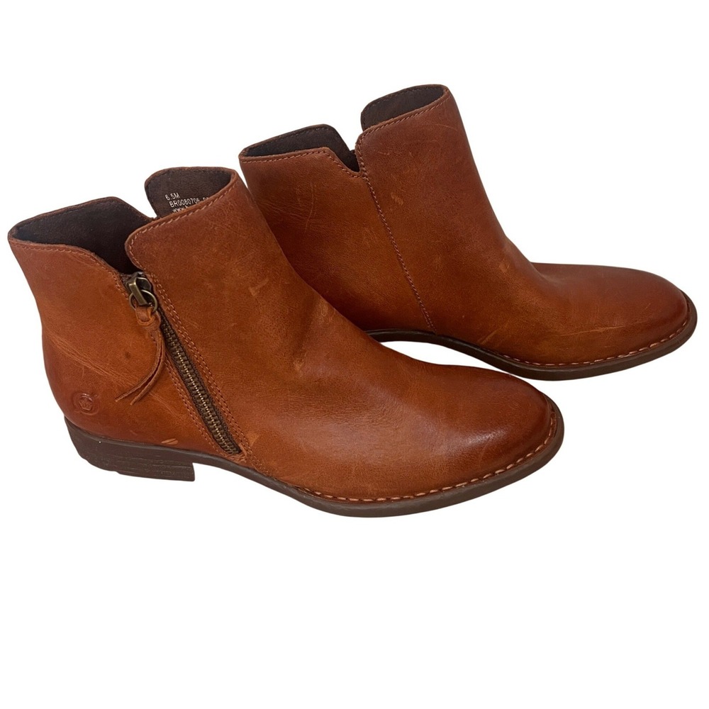 Born Tan Leather Cleo Ankle Bootie Womens 6.5 Side Zip Boot Cognac Country NWT